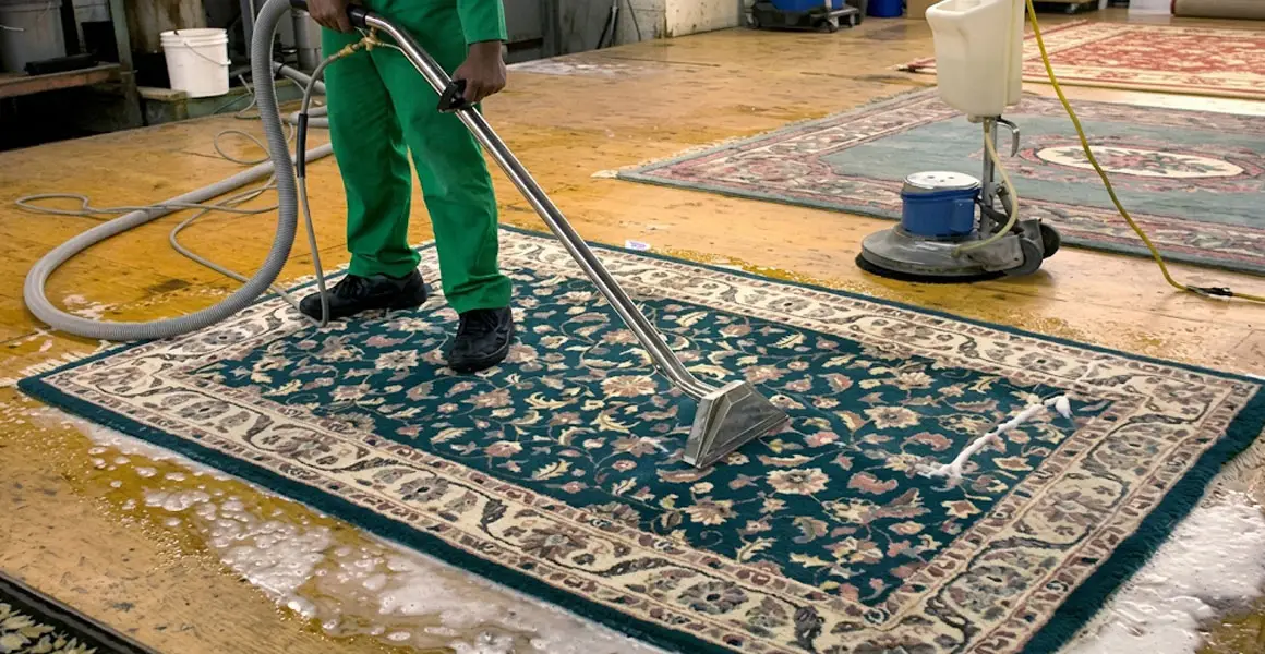 Expert deep cleaning of oriental rugs with professional equipment at a carpet cleaning facility in Riyadh.